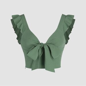 Cider - Green Solid V-Neck Ruffle Knotted Crop Top - US L